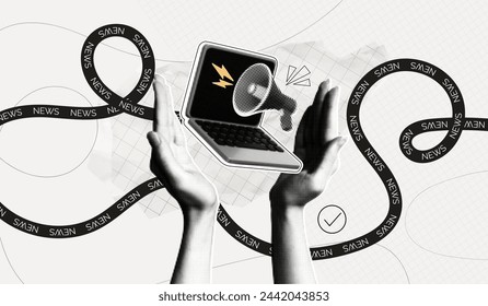 Trendy Halftone Collage Hand holding laptop with megaphone. Social media news and propaganda. Promotion banner. Online steaming. False information. Conceptual composition. Contemporary vector art