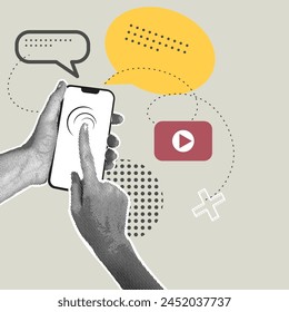 Trendy halftone collage. Hand holding and using cell phone. Vector illustration of business, technology, marketing, smartphone services and applications