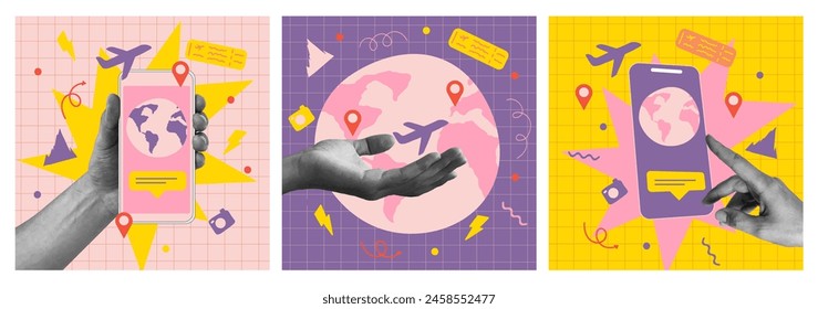 Trendy Halftone Collage Hand holding Mobile Phone, plane, Location Pin. Online tracking. Contemporary art with position element. Delivery route. Choose and find trip. Surreal vector illustration