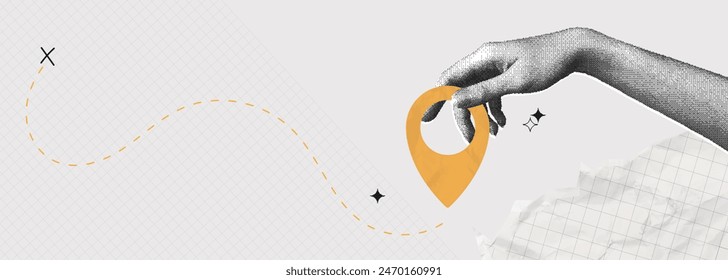 Trendy Halftone Collage Hand holding location pin. Contemporary art with position element. Delivery route. Travel way and find trip. GPS point navigation. Transport logistic. Vector illustration