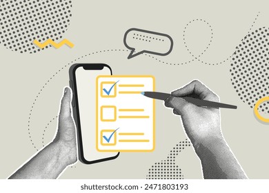 Trendy halftone collage. Hand holding phone,used for paperless online approval . Document management concept.Vector business concepts for graphic and web design, marketing and print materials