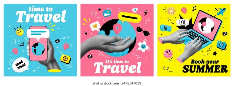 Trendy Halftone Collage Hand holding Mobile Phone, plane, Location Pin. Online booking. Contemporary art with position element. Travel planning. Choose and find trip. Surreal vector illustration