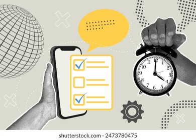 Trendy halftone collage. Hand holding a ringing alarm clock and hand with phone,used for paperless online approval .Vector business concepts for graphic and web design, marketing and print materials