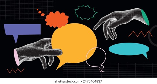 Trendy halftone collage with hand holding speech bubbles. Social media communication. Abstract template. Empty space for quote, plan and idea. Vector illustration.