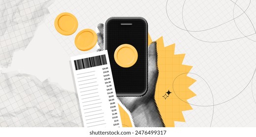 Trendy Halftone Collage Hand holding Phone with Receipt bill and floating coins. Mobile notification of financial transactions. Transfer money concept. Contemporary vector illustration art