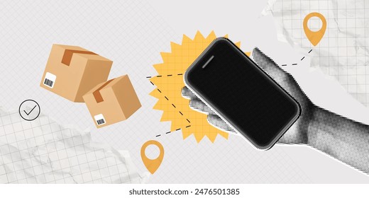 Trendy Halftone Collage Hand holding Phone with floating cardboard boxes. Track parcel route via mobile app. Location pins. Courier delivered order. Contemporary vector illustration art