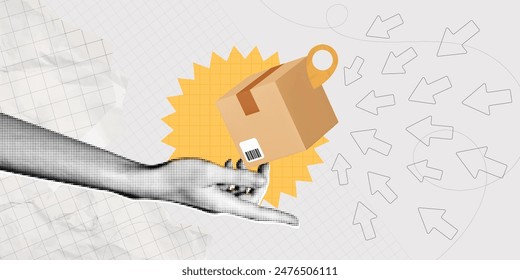 Trendy Halftone Collage Hand holding cardboard box with location pin. Shopping and delivery concept. Send parcel via courier. Abstract banner. Contemporary vector illustration art