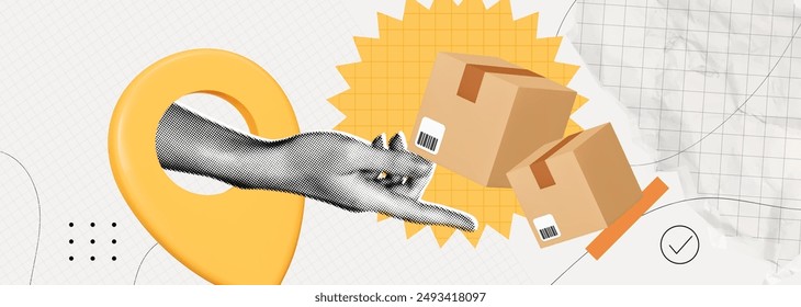 Trendy Halftone Collage Hand holding cardboard box from location pin. Shopping and delivery concept. Send parcel via courier. Surreal abstract banner. Contemporary vector illustration art