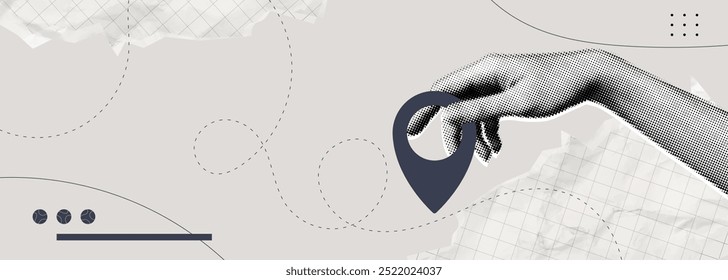 Trendy Halftone Collage Hand holding location pin. Contemporary art with position element. Delivery route. Travel way and find trip. GPS point navigation. Transport logistic. Vector illustration