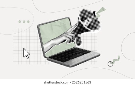 Trendy Halftone Collage Hand holding Megaphone from Laptop screen. Social media news and promotion concept. Announcing and marketing. Online news. Contemporary vector illustration art