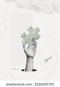 Trendy Halftone Collage Hand holding puzzle piece. Business idea and solution. Teamwork concept. Metaphor of partnership. New startup. Career development. Contemporary vector illustration art
