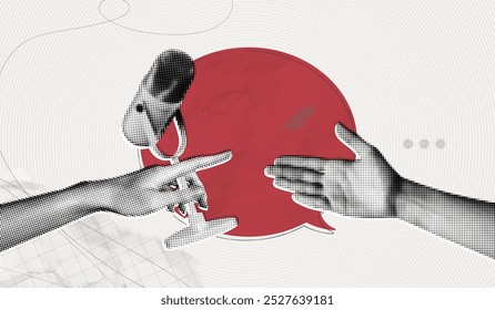 Trendy Halftone Collage Hand holding microphone for interview. Social reportage. Journalist and press. Daily news. Red speech bubble message. Metaphor artwork. Contemporary vector illustration art