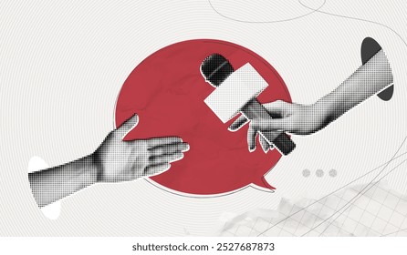 Trendy Halftone Collage Hand holding microphone for interview. Social reportage. Journalist and press. Daily news. Red speech bubble message. Metaphor artwork. Contemporary vector illustration art