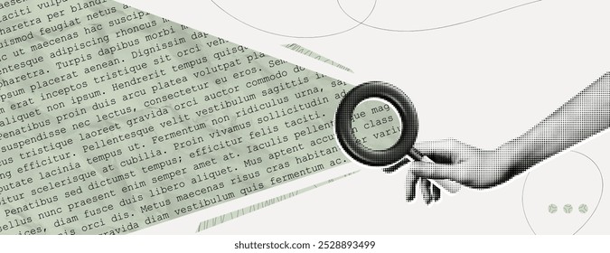 Trendy Halftone Collage Hand holding magnifying glass for searching information. Archive data page. Analyse report. Find literature for study. Seo marketing. Contemporary vector illustration art