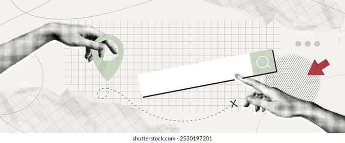 Trendy Halftone Collage with Hand holding pin location and search bar. Contemporary art with position element. Package tracking. Travel way and find trip. Transport logistic. Vector illustration