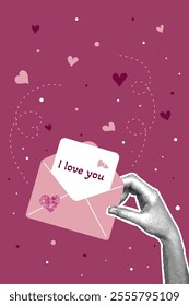 Trendy halftone collage. Hand holding envelope with greeting card, exchange of greetings. Collage style postcard for valentines day, march 8. Trendy retro collage from the 80s. Vector illustration