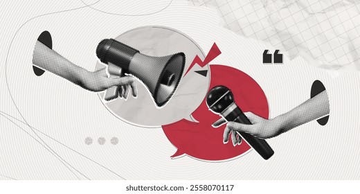 Trendy Halftone Collage Hand holding Megaphone and microphone for media interview and news. Speech bubble messages. Journalist and reporter. Broadcast recording. Contemporary vector illustration art