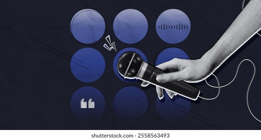 Trendy Halftone Collage Hand holding studio microphone. Talk show and interview. Podcast broadcast and radio news. Karaoke poster. Open mic festival. Contemporary vector illustration art