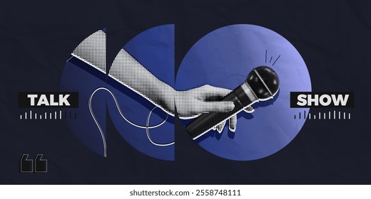 Trendy Halftone Collage Hand holding studio microphone. Talk show and interview. Podcast broadcast and radio news. Karaoke poster. Open mic festival. Contemporary vector illustration art