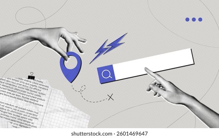 Trendy Halftone Collage with Hand holding pin location and search bar. Contemporary art with position element. Package tracking. Travel way and find trip. Transport logistic. Vector illustration