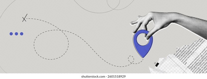 Trendy Halftone Collage Hand holding location pin. Contemporary art with position element. Delivery route. Travel way and find trip. GPS point navigation. Transport logistic. Vector illustration