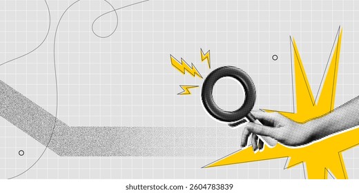 Trendy Halftone Collage Hand holding magnifying glass for searching information or job. Seo marketing. Modern banner with empty copy space. Yellow lightnings. Contemporary vector illustration art