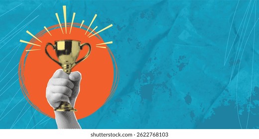 Colagem de meio-tom na moda com uma mão segurando um troféu simbolizando conquista, vitória, sucesso. Design moderno. Espaço negativo para inserir texto ou anúncio.