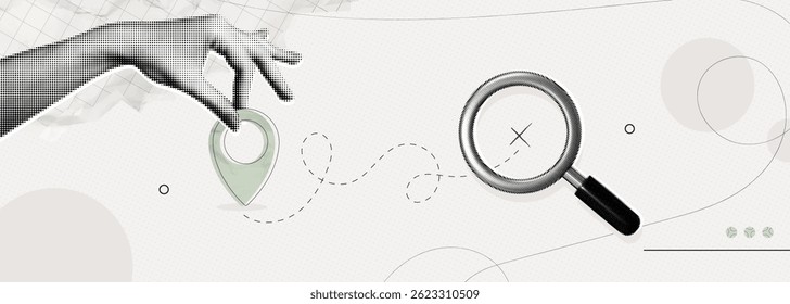 Trendy Halftone Collage Hand holding location pin. Magnifying glass with route finder. Travel way and find trip. GPS point navigation. Where is my parcel. Contemporary vector illustration art