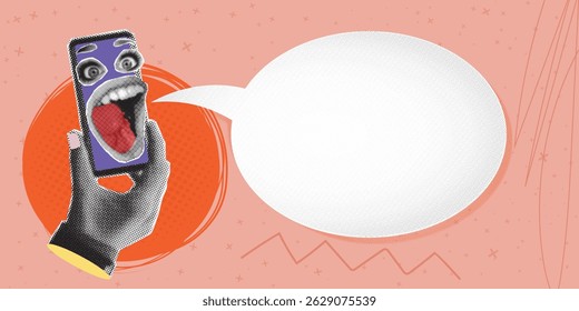 Trendy halftone collage with hand holding phone with screaming mouth on display and speech bubble. Social media poster with space for your text. Advertising banner for sale, promotion and marketing