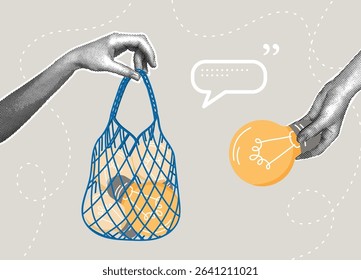 Trendy halftone collage. Hand holding a bag of light bulbs. Exchange of sustainable ideas. Concept of innovation, new ideas, creativity, inspiration, plagiarism.