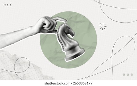 Trendy Halftone Collage Hand holding chess piece. Abstract chessman. Game strategy. Strategic leader. Knight horse chess figure. Paper texture. Contemporary vector illustration art