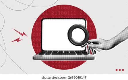 Colagem de meio-tom na moda Mão segurando lupa na tela do laptop. Procurando problema técnico. Código binário no plano de fundo. Verificando se há malware. Arte de ilustração vetorial contemporânea