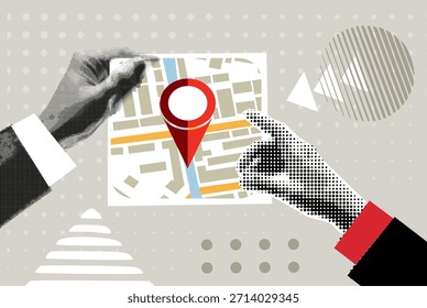 Trendy Halftone Collage Hand halten Position Pin. Zeitgenössische Kunst mit Positionselement. Lieferweg. Reisen Sie weg und finden Sie eine Reise. GPS-Punktnavigation. Transportlogistik. Vektorgrafik	