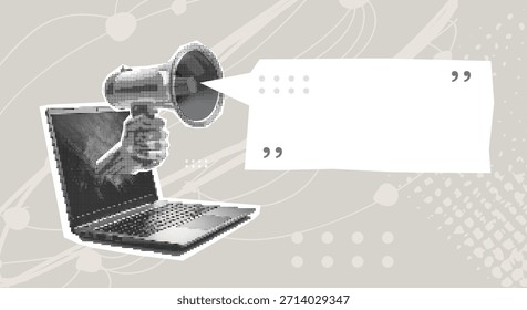 Collage de semitonos de moda con la mano que sostiene el megáfono en la computadora portátil de la pantalla. Plantilla para Anuncio, póster, redes sociales y anuncios. Ilustración vectorial. Arte contemporáneo. Vector