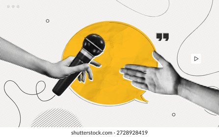 Trendy Halftone Collage Hand holding microphone for interview. Social reportage. Journalist and press. Daily news. Yellow speech bubble message. Metaphor artwork. Contemporary vector illustration art