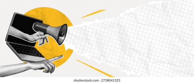 Trendy Halftone Collage Hand holding Megaphone and torn paper edge. Promotion banner with space for your design. Social media announcing and marketing. Contemporary vector illustration art