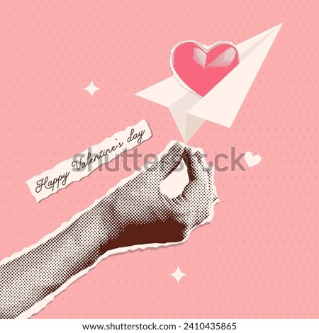Trendy Halftone Collage hand holding Paper Airplane with heart . Love message concept. Online social media vector retro illustration with cutout paper elements. Pop art design