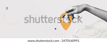 Trendy Halftone Collage Hand holding location pin. Contemporary art with position element. Delivery route. Travel way and find trip. GPS point navigation. Transport logistic. Vector illustration