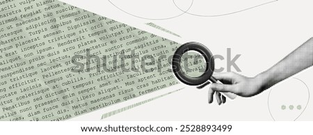 Trendy Halftone Collage Hand holding magnifying glass for searching information. Archive data page. Analyse report. Find literature for study. Seo marketing. Contemporary vector illustration art