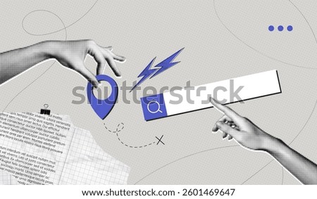 Trendy Halftone Collage with Hand holding pin location and search bar. Contemporary art with position element. Package tracking. Travel way and find trip. Transport logistic. Vector illustration