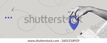 Trendy Halftone Collage Hand holding location pin. Contemporary art with position element. Delivery route. Travel way and find trip. GPS point navigation. Transport logistic. Vector illustration