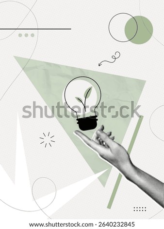 Trendy Halftone Collage Hand holding energy-saving lightbulb with leaf. Green energy and environmentally friendly. Plant inside light bulb. Vertical poster. Contemporary vector illustration art