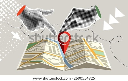 Trendy Halftone Collage Hand holding location pin. Contemporary art with position element. Delivery route. Travel way and find trip. GPS point navigation. Transport logistic. Vector illustration
