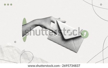 Trendy Halftone Collage Hand holding closed envelope with one notification. New message or letter in email. Online communication. Social media marketing. Contemporary vector illustration art