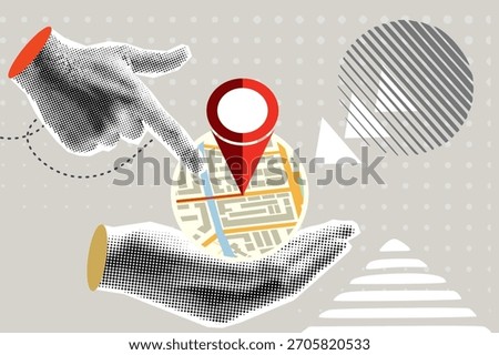 Trendy Halftone Collage Hand holding location pin. Contemporary art with position element. Delivery route. Travel way and find trip. GPS point navigation. Transport logistic. Vector illustration	
