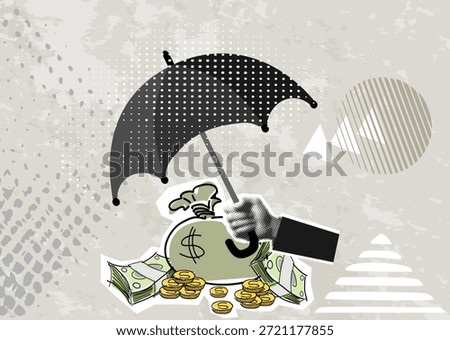 Trendy Halftone Collage hand holding an umbrella above a bag with money. Income protection, security or safety guard protect investment profit, wealth preservation or insurance concept