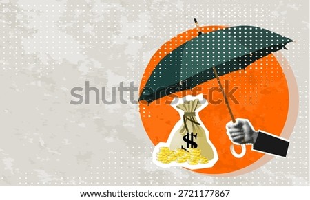 Trendy Halftone Collage hand holding an umbrella above a bag with money. Income protection, security or safety guard protect investment profit, wealth preservation or insurance concept