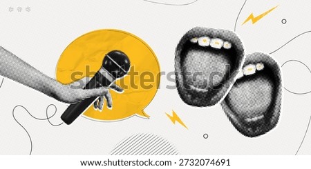 Trendy Halftone Collage Hand holding Microphone with speech bubble message and open mouths. Interview or podcast. Press propaganda. Public speaker. Karaoke singer. Contemporary vector illustration art