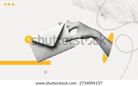 Trendy Halftone Collage Hand holding closed envelope with one notification. New message or letter in email. Online communication. Social media marketing. Contemporary vector illustration art
