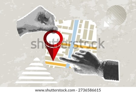 Trendy Halftone Collage Hand holding location pin. Contemporary art with position element. Delivery route. Travel way and find trip. GPS point navigation. Transport logistic. Vector illustration	